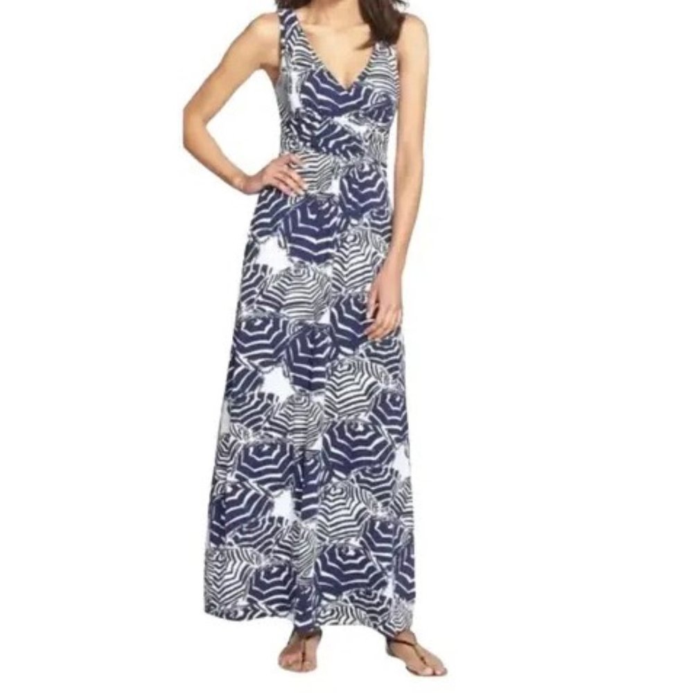 Lilly Pulitzer Oh Cabana Navy Blue & White Maxi Dress w Gathered Waist SZ Small